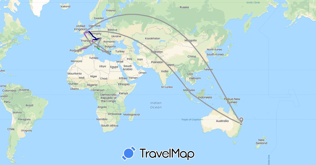 TravelMap itinerary: driving, bus, plane, train, boat in Austria, Australia, Switzerland, Germany, Spain, France, United Kingdom, Greece, Italy, Netherlands, Portugal, Singapore (Asia, Europe, Oceania)